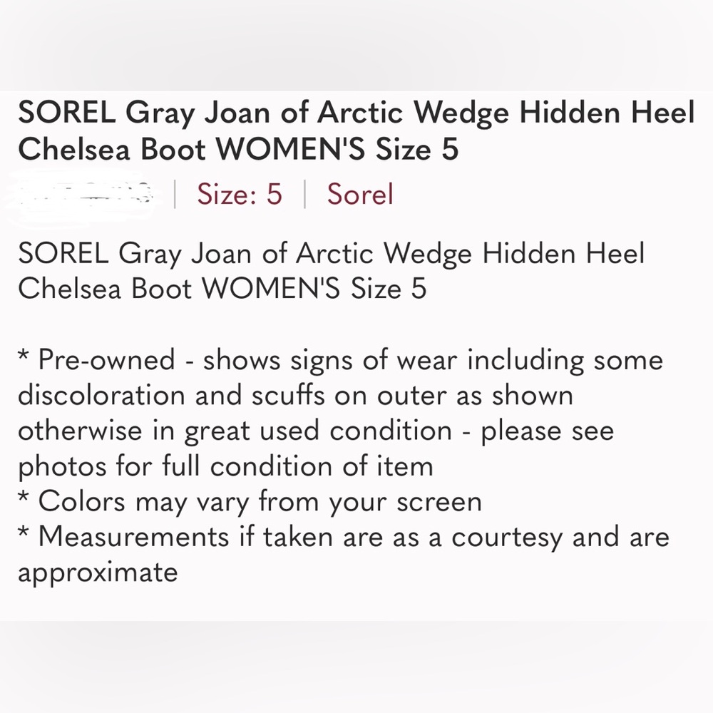 SOREL Gray Joan of Arctic Wedge Hidden Heel Chelsea Boot WOMEN'S Size 5 - Picture 12 of 12